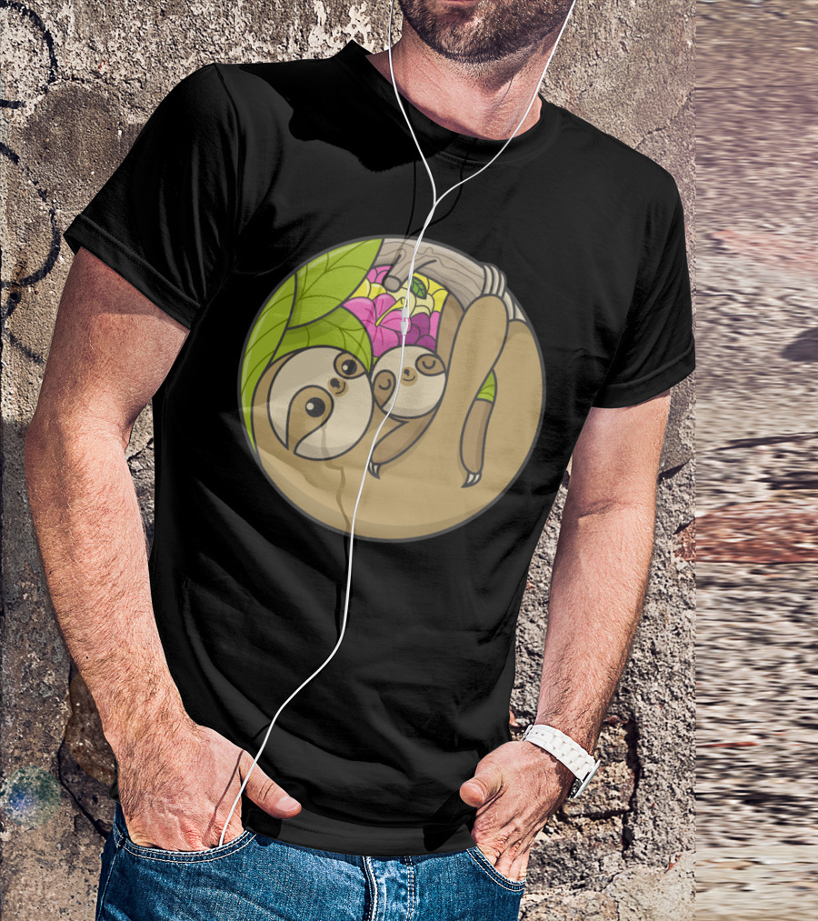 Hanging Together Cute Sloth Family With Leaf And Flowers T-Shirt