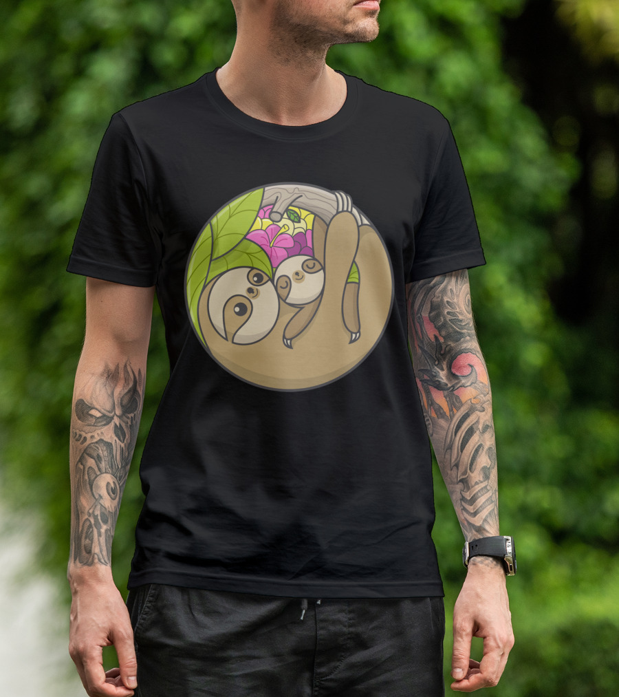 Hanging Together Cute Sloth Family With Leaf And Flowers T-Shirt