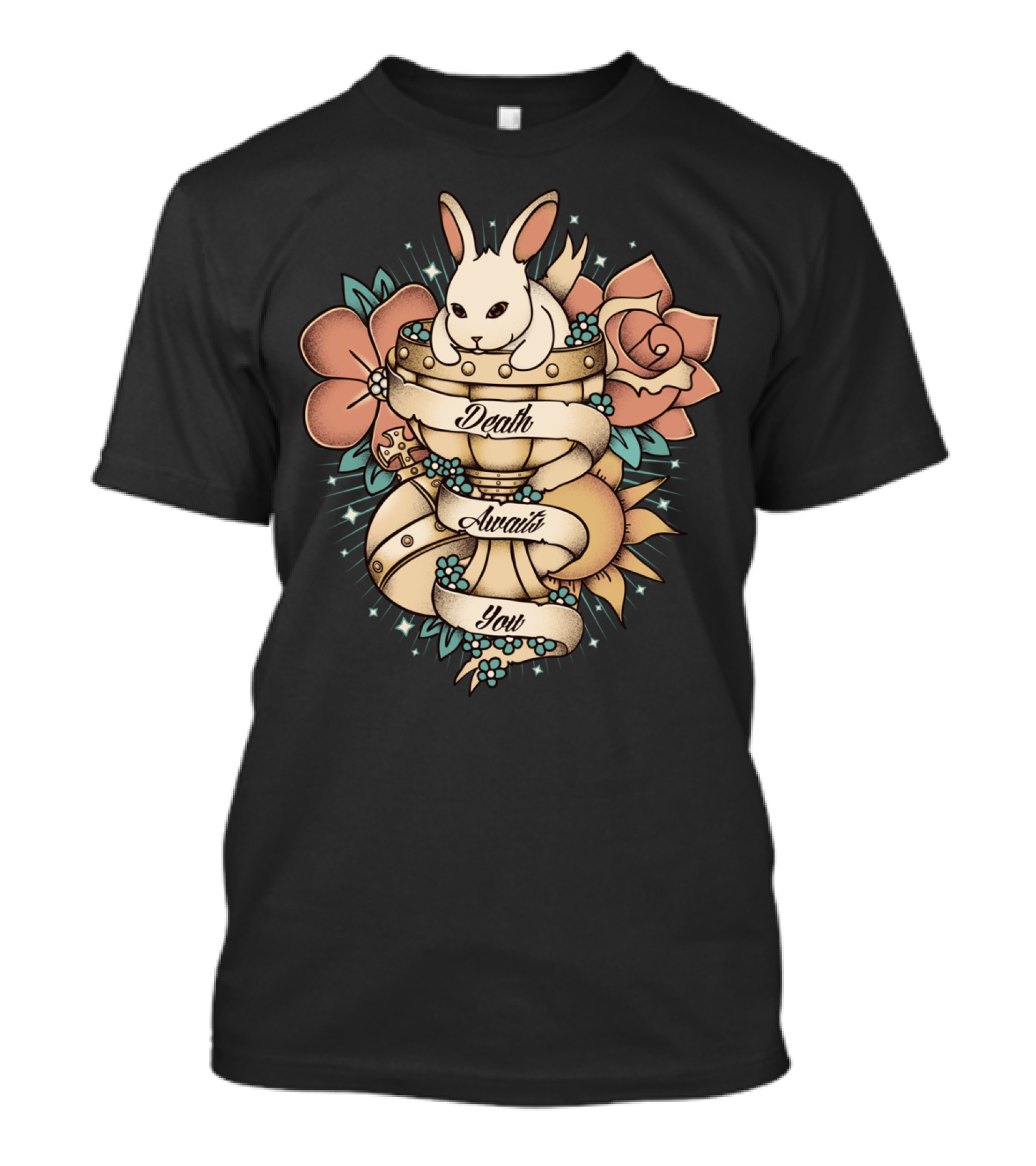 Death Awaits You White Rabbit Trophy Roses T-Shirt