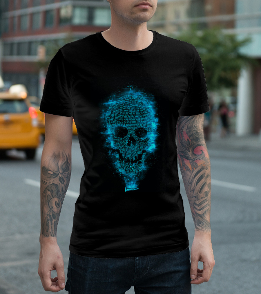 Deadtime Stories Blue Text Skull Open Book Ghostly Glow T-Shirt