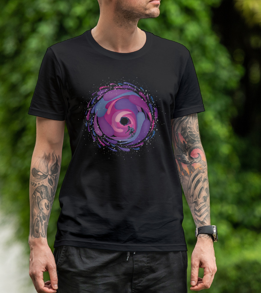 Surfer In Cosmic Swirl Black Hole Adventure T-Shirt
