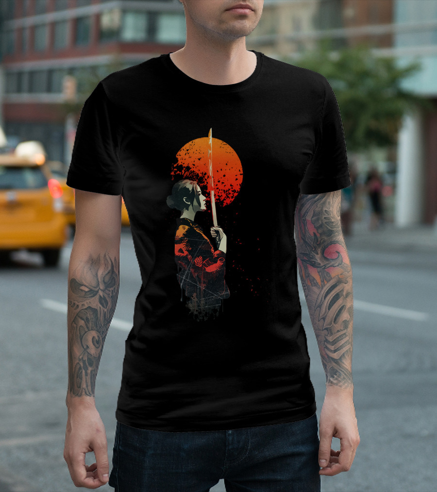 Fire Samurai Warrior With Rising Sun Katana T-Shirt