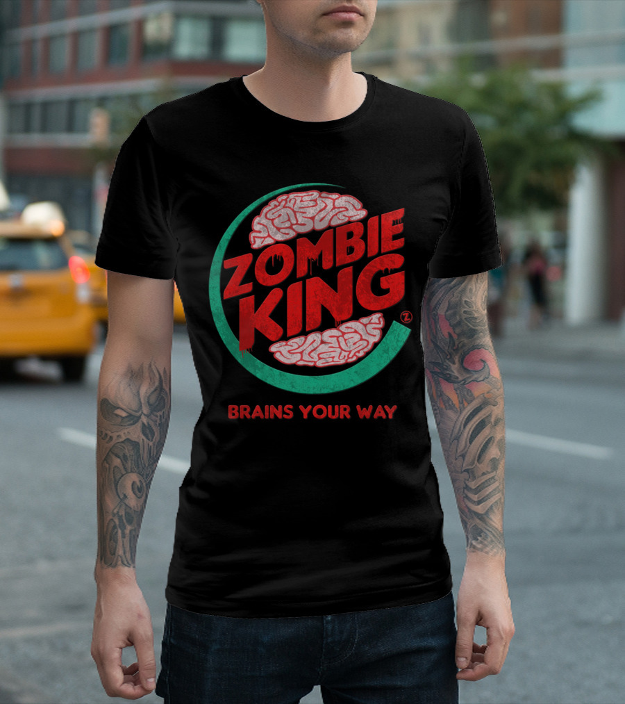 Zombie King Brains Your Way Circle Design With Dripping Text T-Shirt