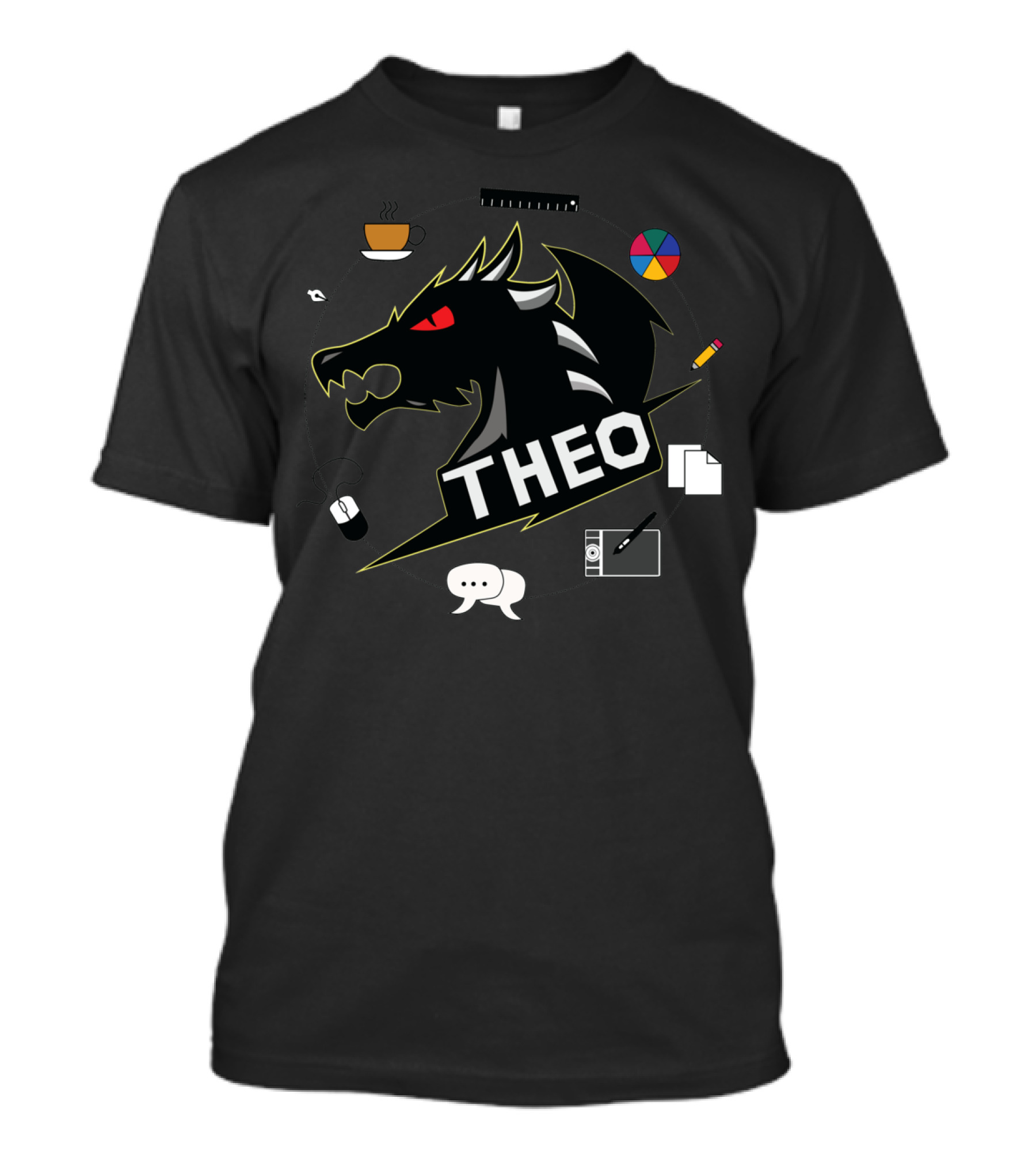 Theo Dragon Head Logo Coffee Cup Color Wheel Mouse Paper Speech Bubble T-Shirt