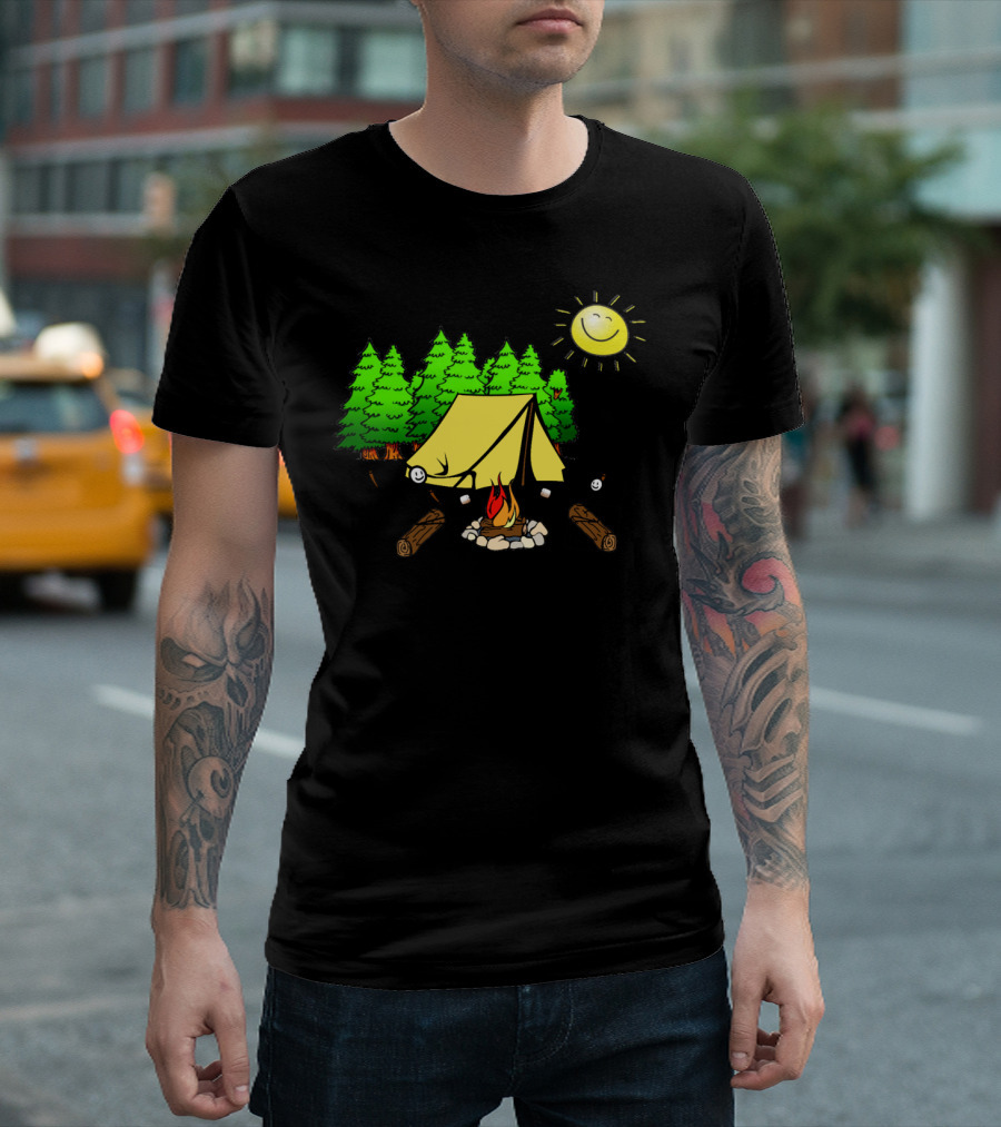 Happy Camper Tents Marshmallows Campfire Sun Smiles T-Shirt