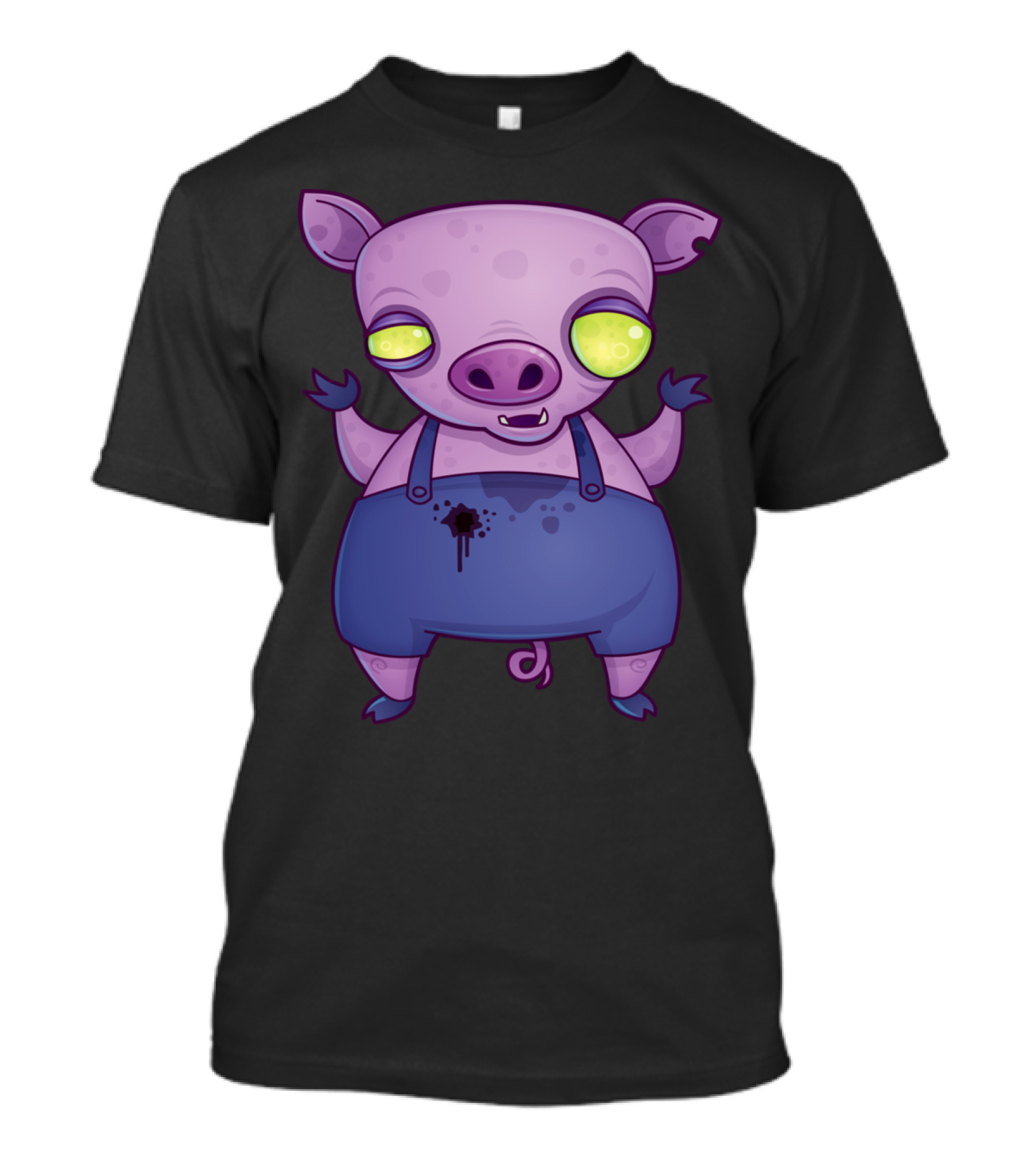 Zombie Piggy Cartoon Character With Glowing Eyes In Overalls T-Shirt