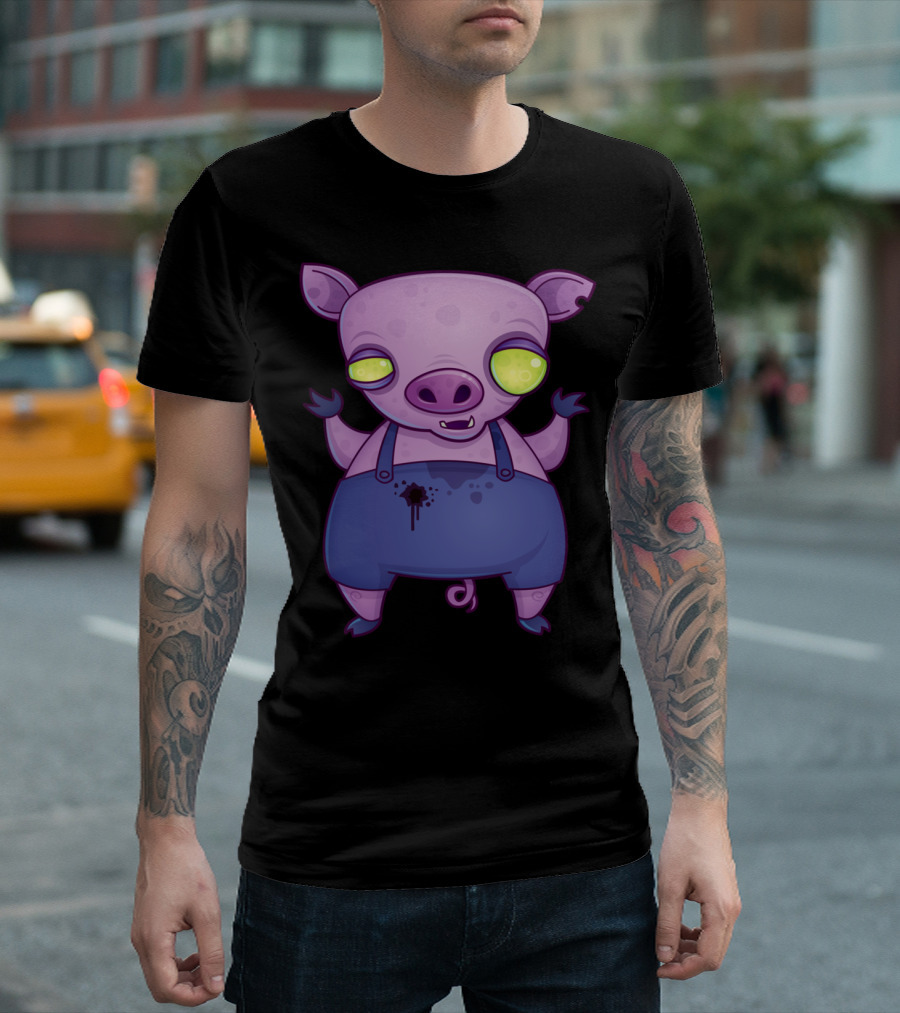 Zombie Piggy Cartoon Character With Glowing Eyes In Overalls T-Shirt