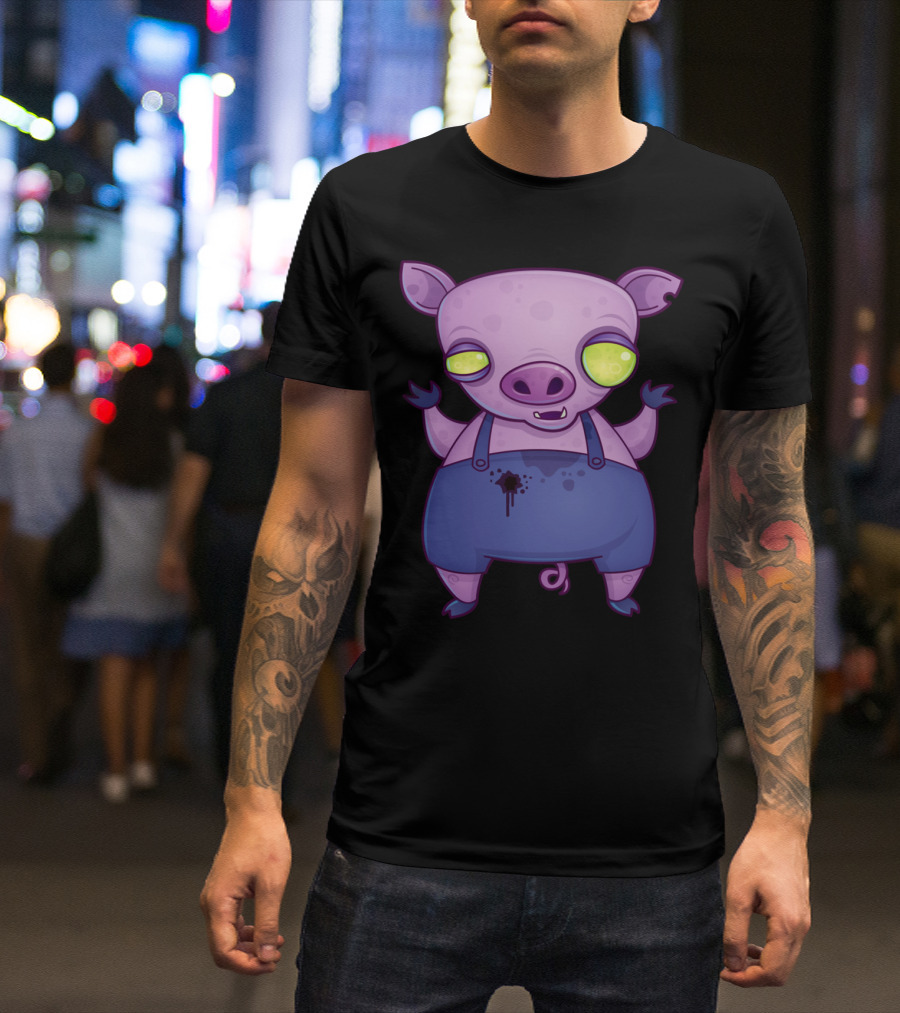 Zombie Piggy Cartoon Character With Glowing Eyes In Overalls T-Shirt
