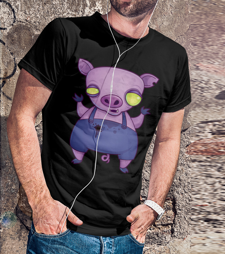 Zombie Piggy Cartoon Character With Glowing Eyes In Overalls T-Shirt