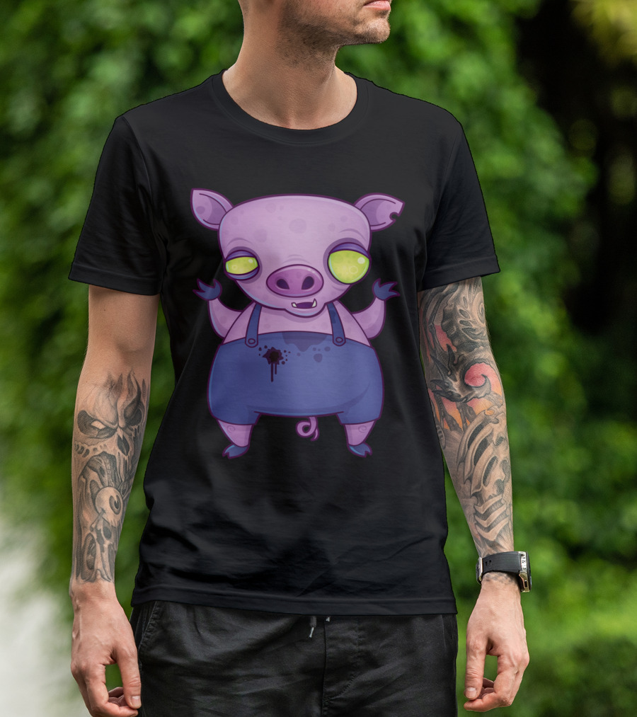 Zombie Piggy Cartoon Character With Glowing Eyes In Overalls T-Shirt