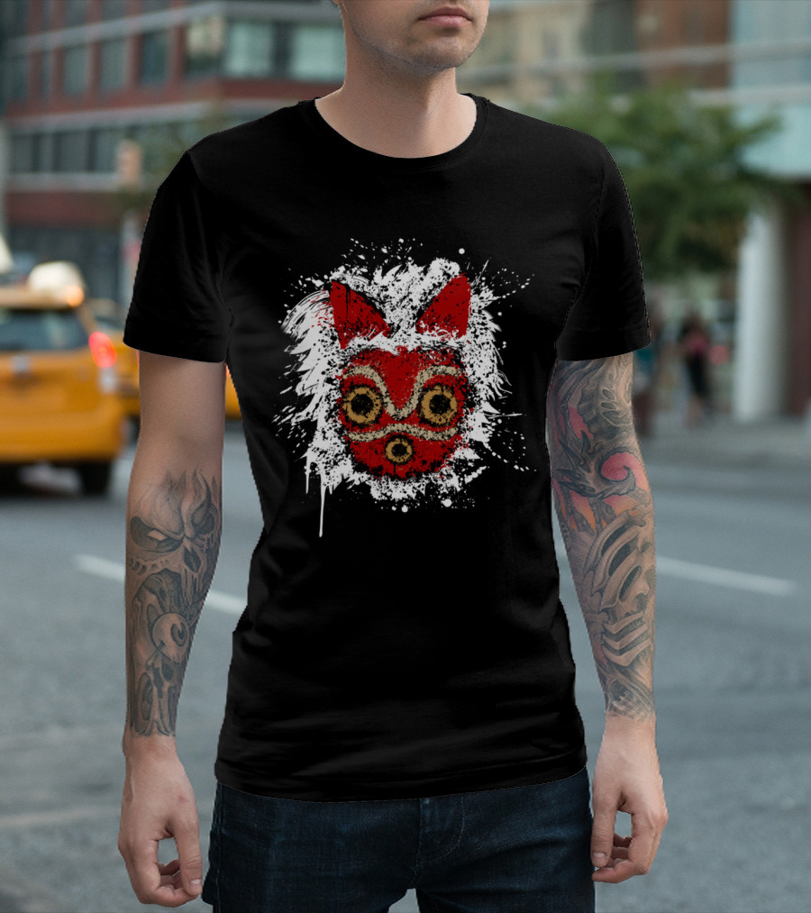 Mononoke Red Mask with White Fur Anime Style Splatter T-Shirt