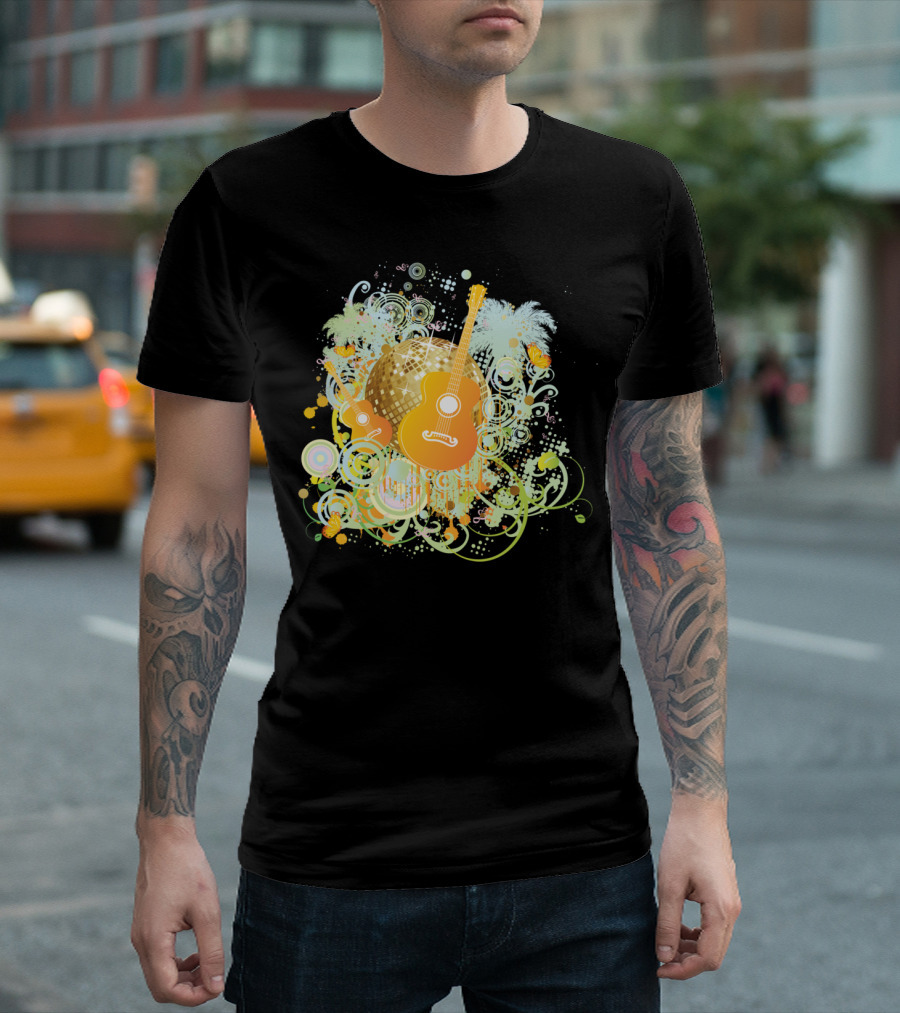 Disco Ball Guitars with Vibrant Swirls and Butterflies T-Shirt