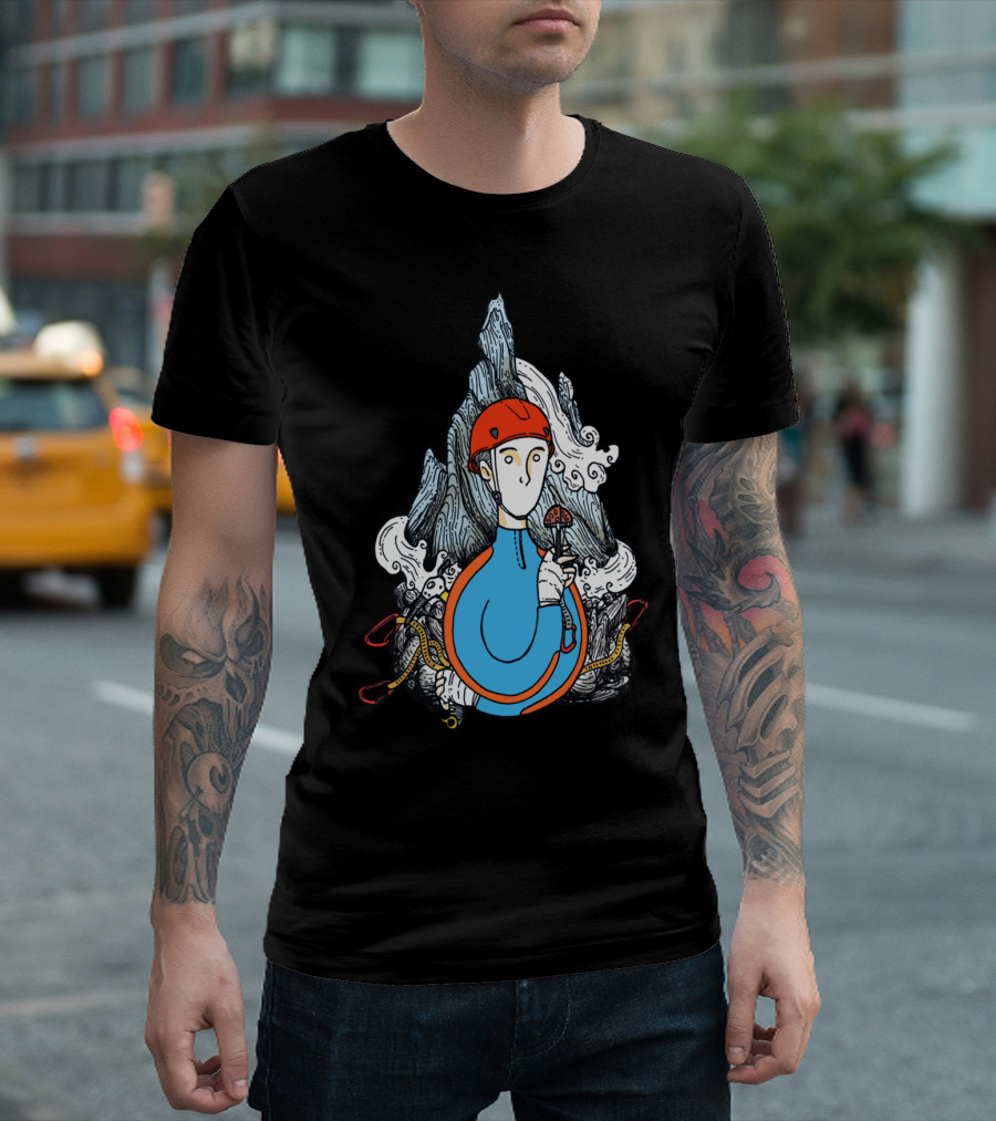 Alpinist Mountain Climber with Ice Axe and Red Helmet T-Shirt