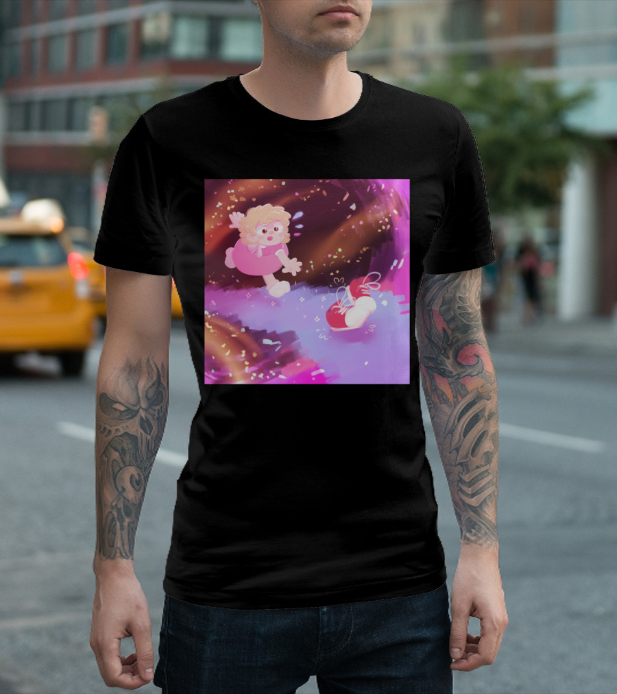 Chase Chase Chase Pink Dress Girl Chasing Red Shoes in Magic Swirl T-Shirt