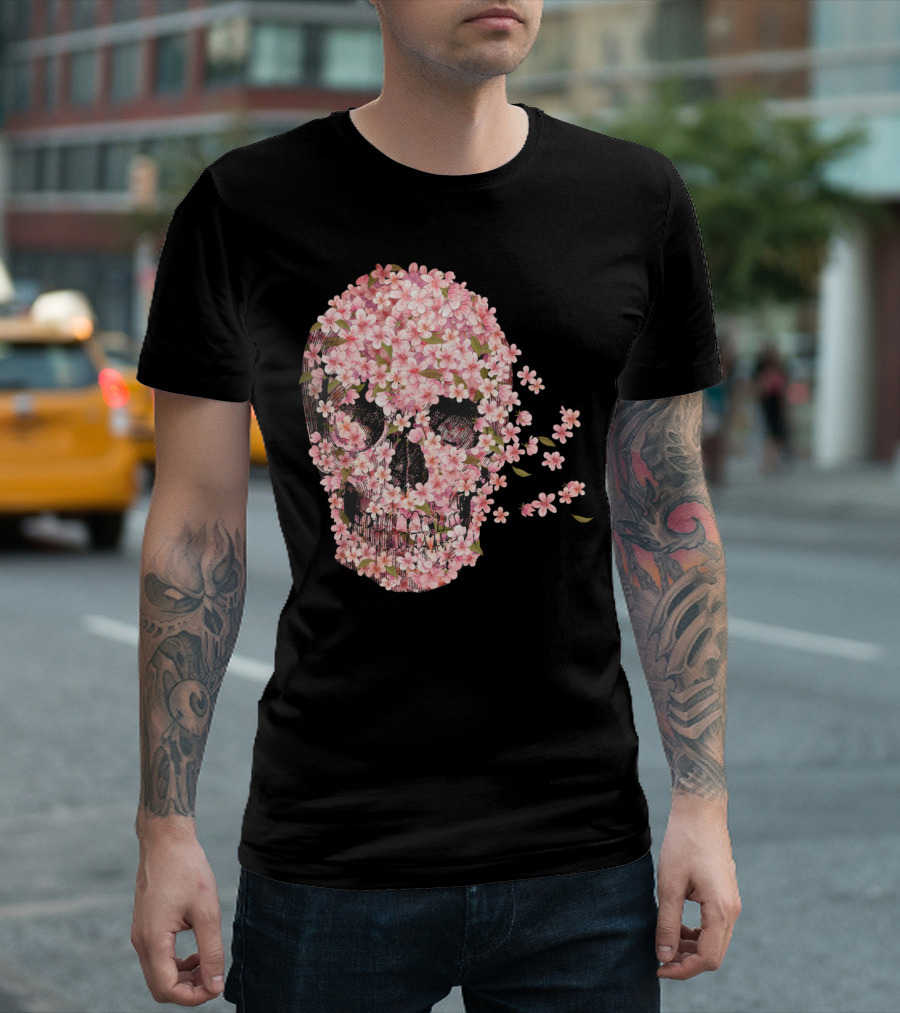 A Beautiful Death Floral Skull Pink Blossoms T-Shirt