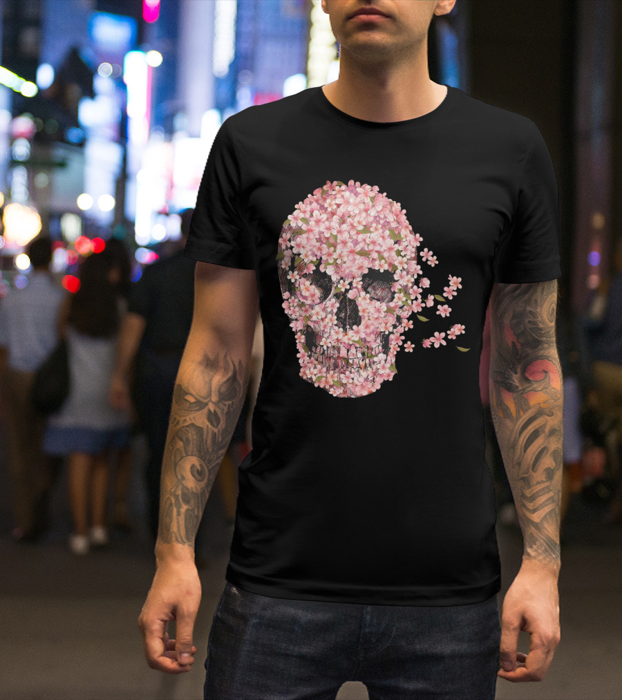 A Beautiful Death Floral Skull Pink Blossoms T-Shirt