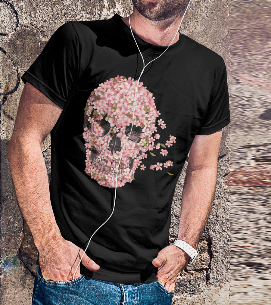 A Beautiful Death Floral Skull Pink Blossoms T-Shirt