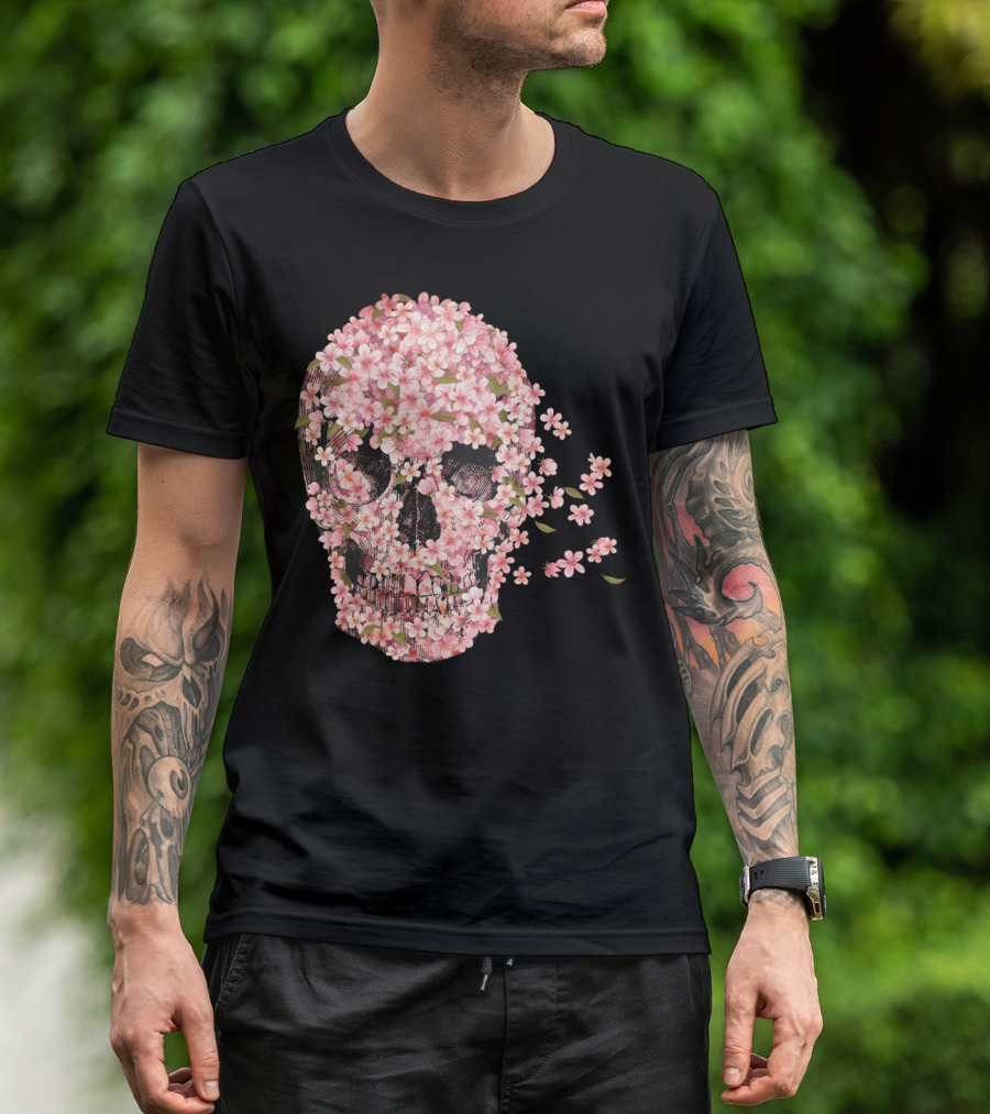 A Beautiful Death Floral Skull Pink Blossoms T-Shirt