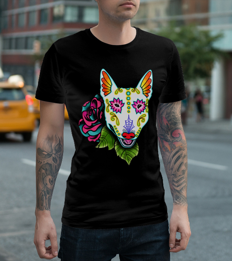 Day of the Dead Sugar Skull Bull Terrier with Rose T-Shirt