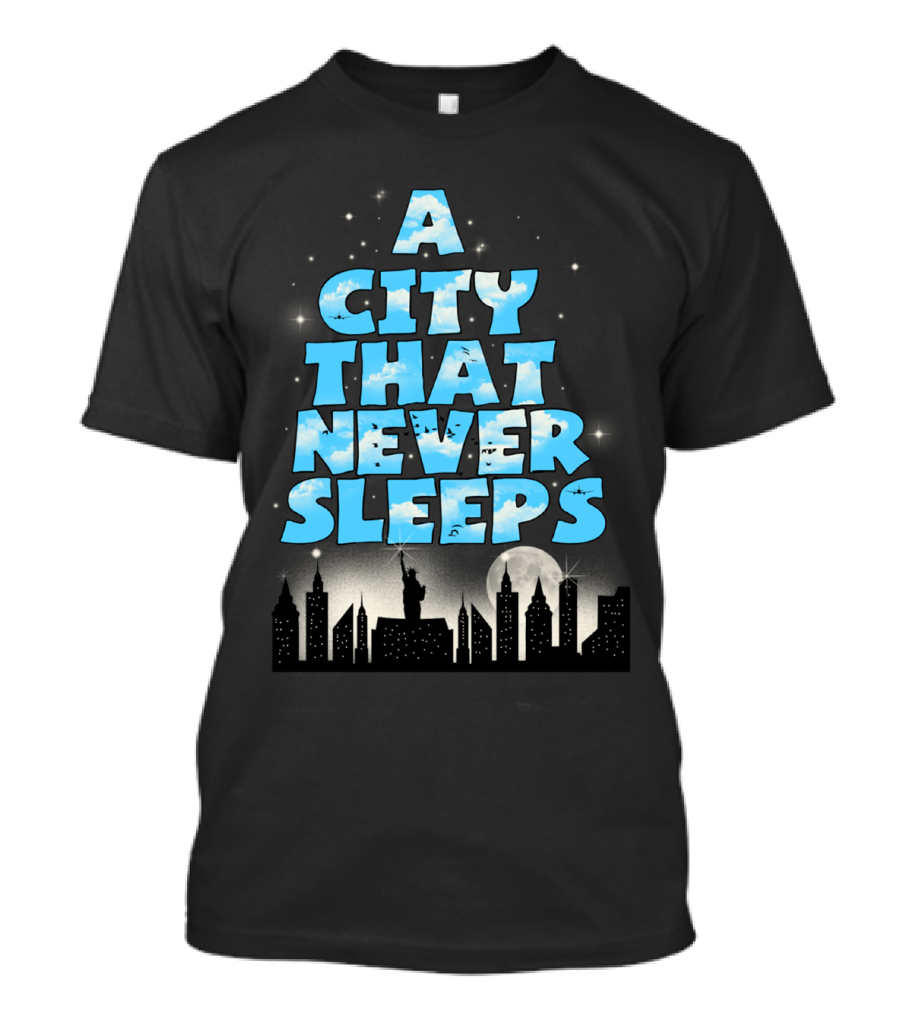 A City That Never Sleeps Skyline Statue Moonlit Stars T-Shirt