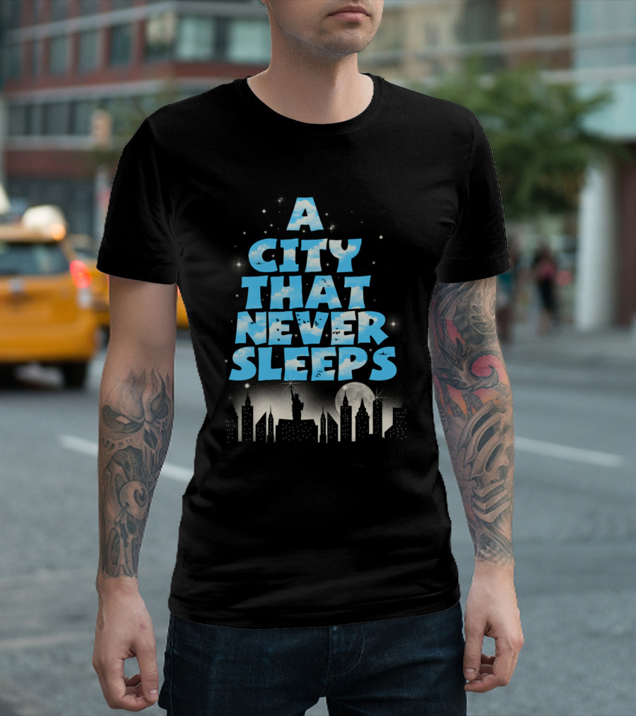 A City That Never Sleeps Skyline Statue Moonlit Stars T-Shirt