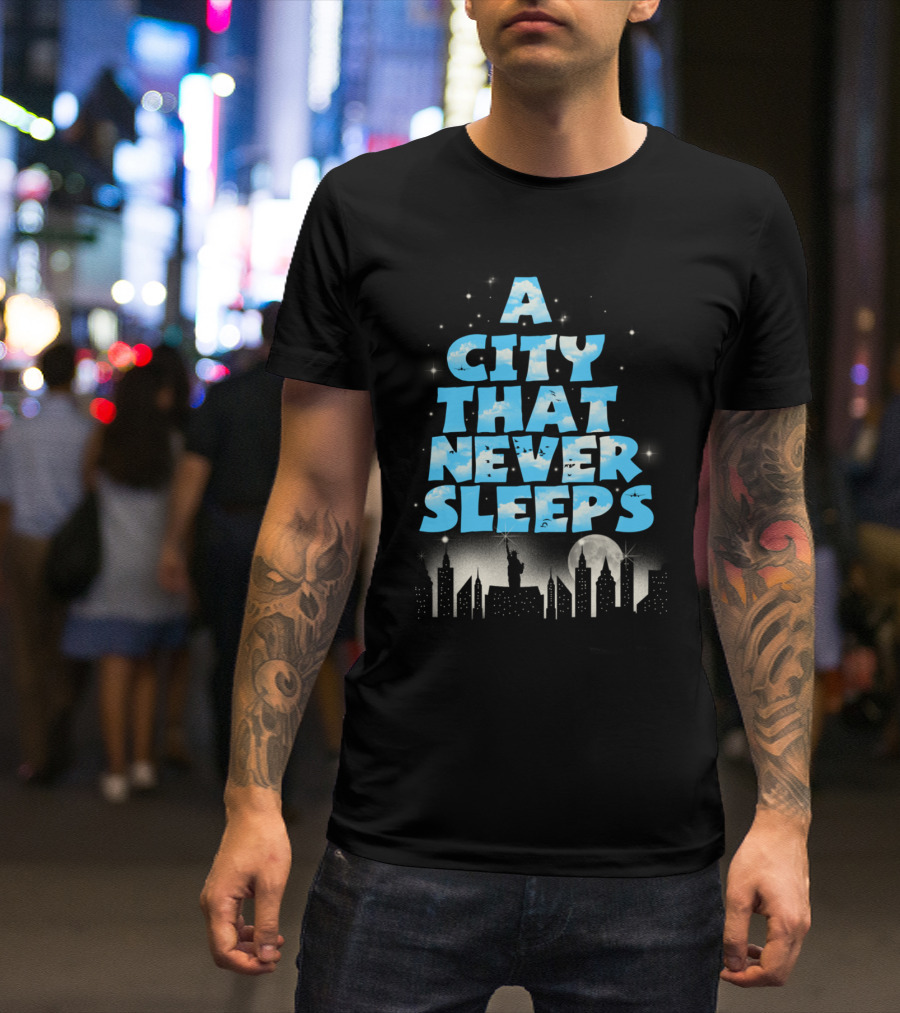 A City That Never Sleeps Skyline Statue Moonlit Stars T-Shirt