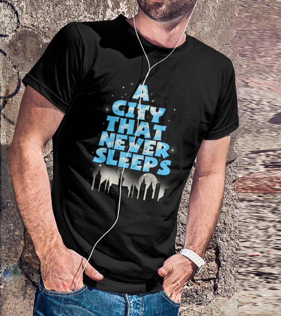 A City That Never Sleeps Skyline Statue Moonlit Stars T-Shirt