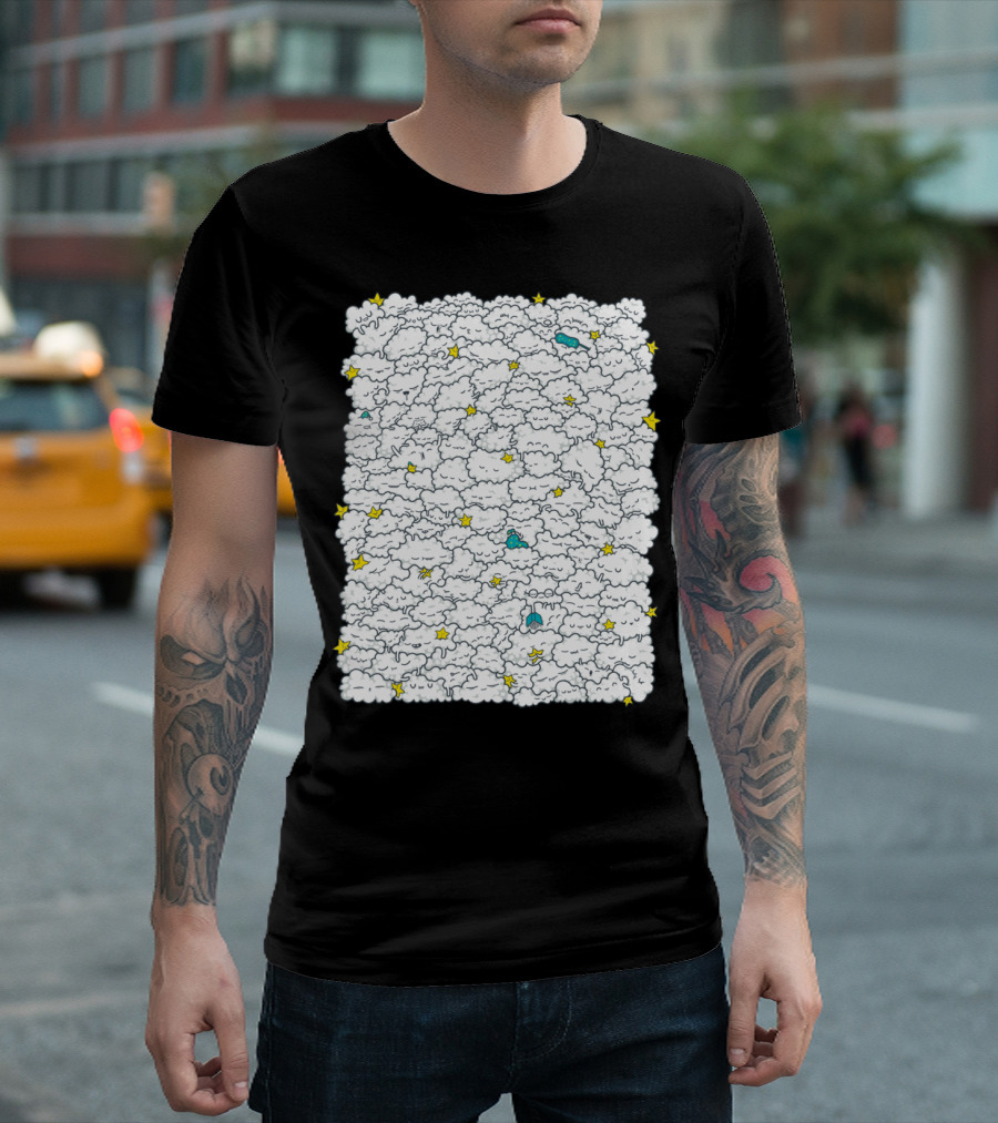 Starry Cloudy Night Pattern with Yellow Stars and Blue Accents T-Shirt