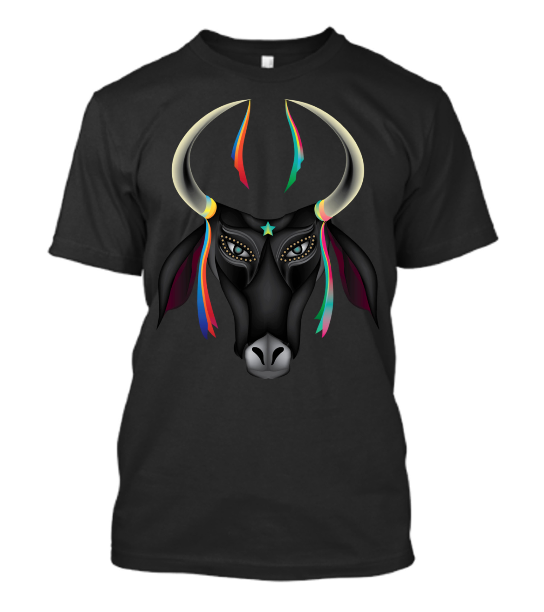 Bumba Meu Boi Colorful Bull Mask With Star Adorned Horns And Vibrant Ribbons T-Shirt