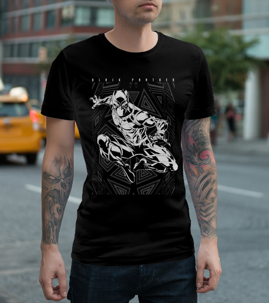 Black Panther Jumping Pose With Geometric Triangles Background T-Shirt