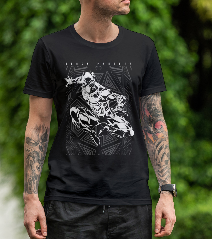 Black Panther Jumping Pose With Geometric Triangles Background T-Shirt