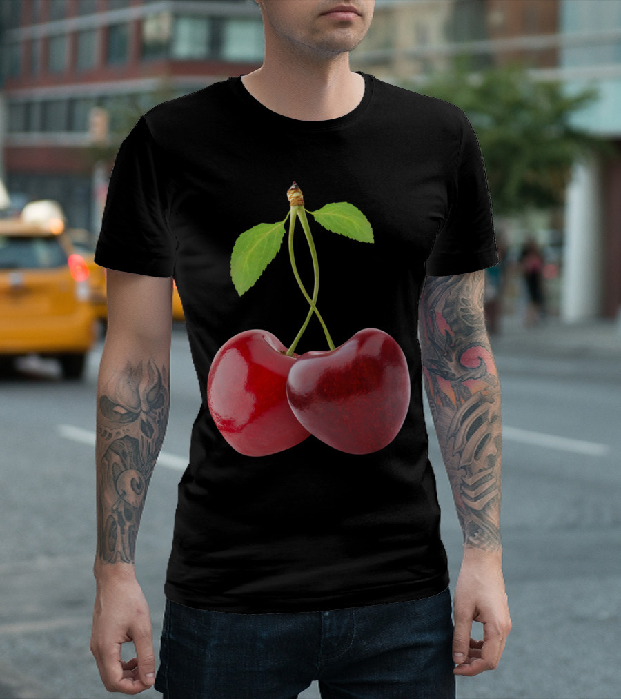 Heart Shaped Cherries Intertwined Stems And Leaves T-Shirt