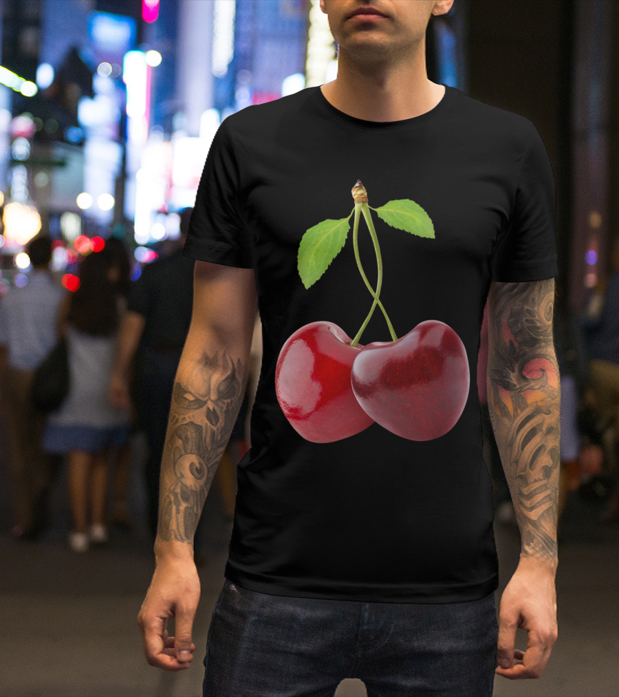 Heart Shaped Cherries Intertwined Stems And Leaves T-Shirt