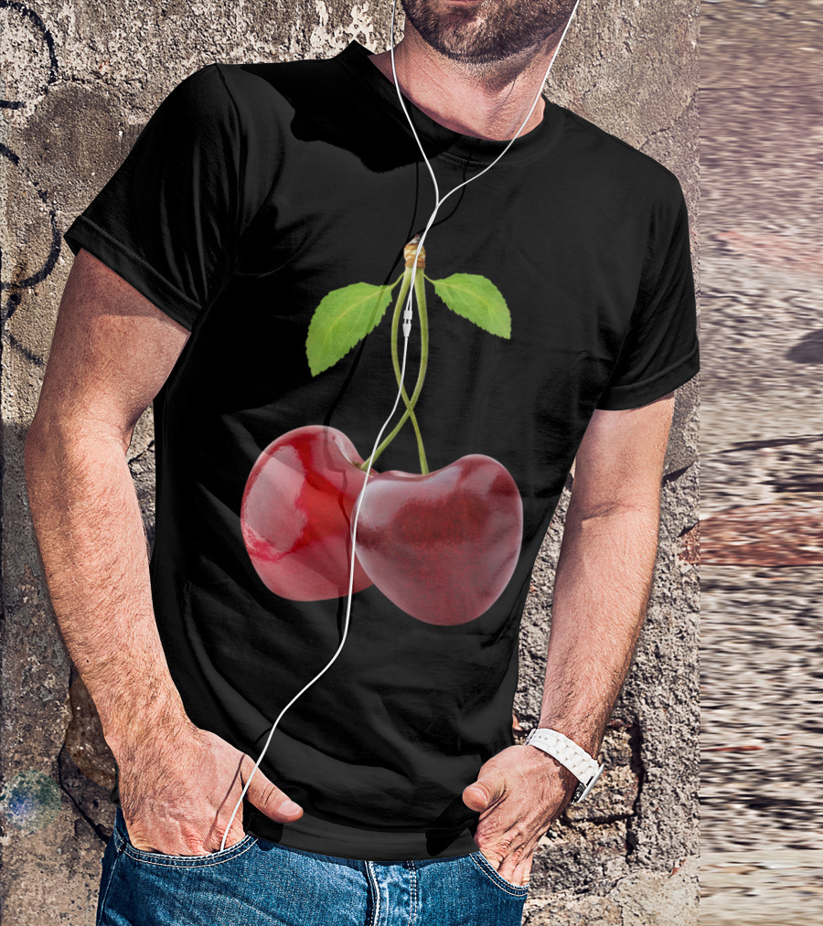 Heart Shaped Cherries Intertwined Stems And Leaves T-Shirt