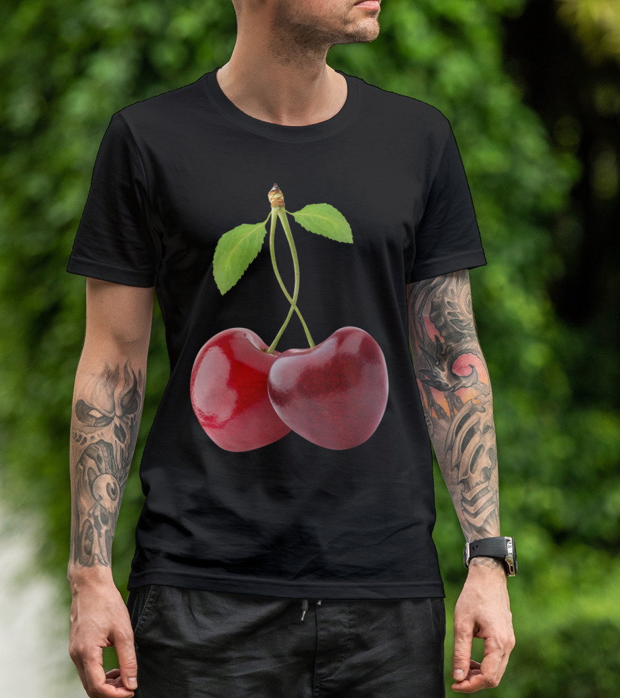 Heart Shaped Cherries Intertwined Stems And Leaves T-Shirt
