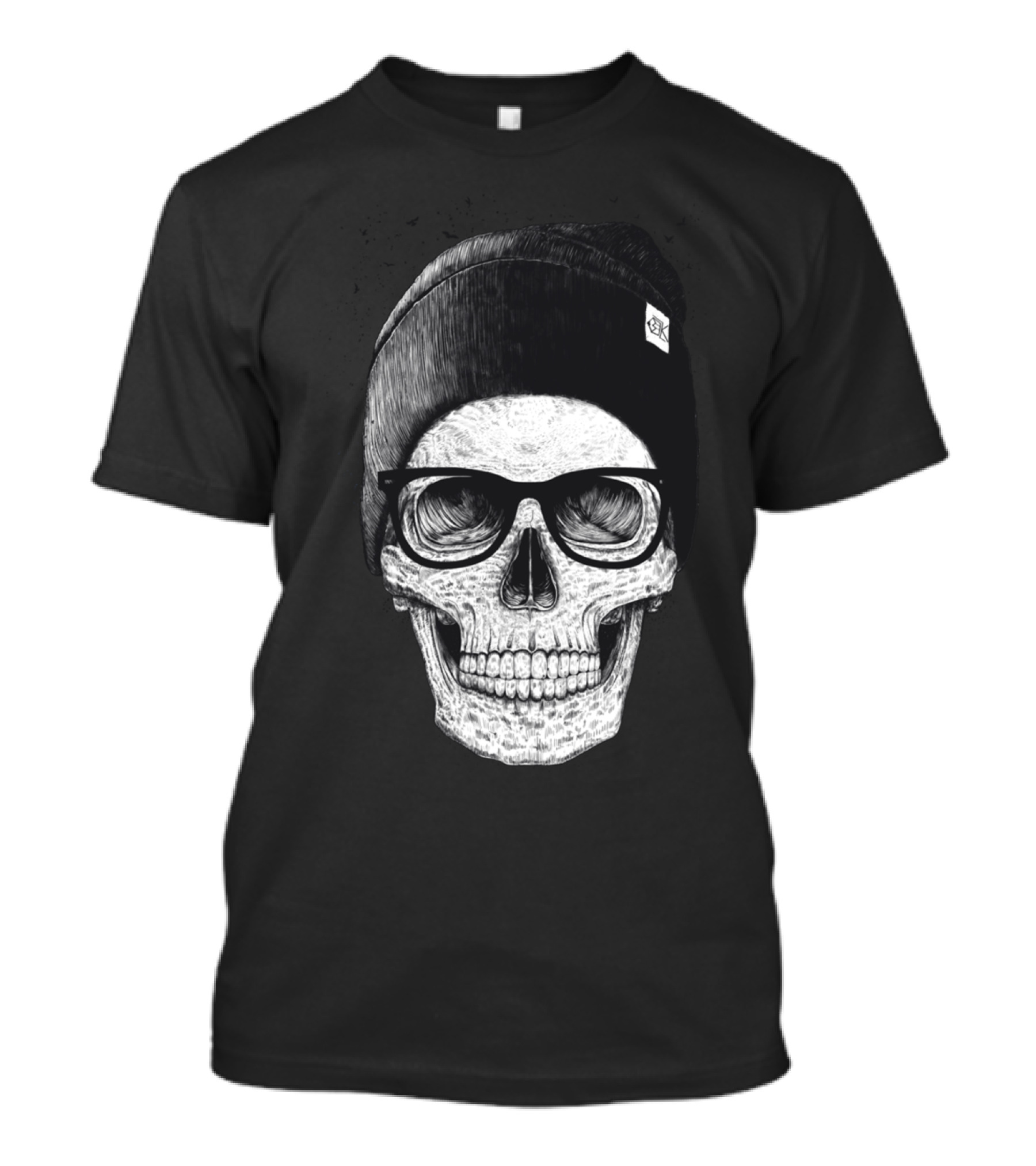 Black Skull With Glasses And Beanie Hat T-Shirt