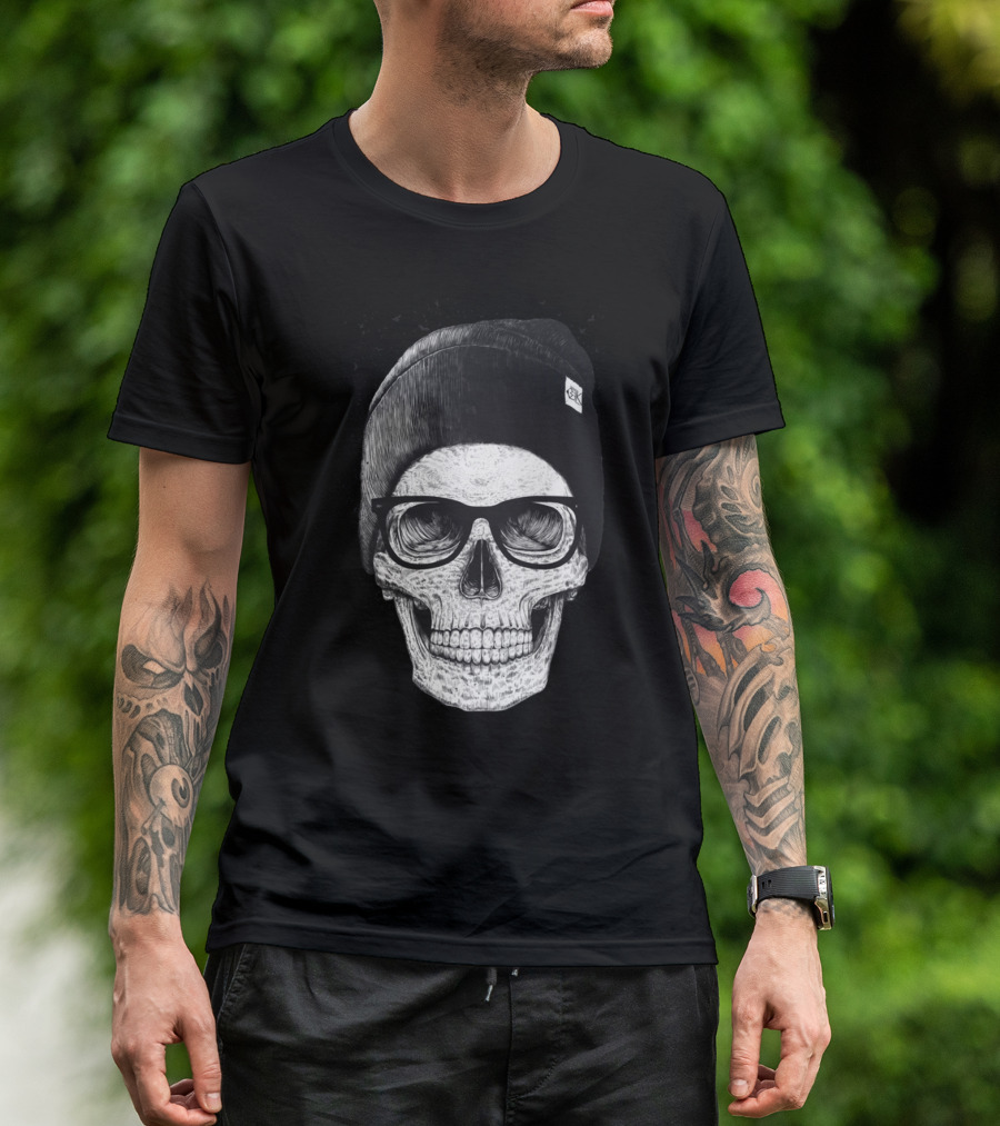 Black Skull With Glasses And Beanie Hat T-Shirt