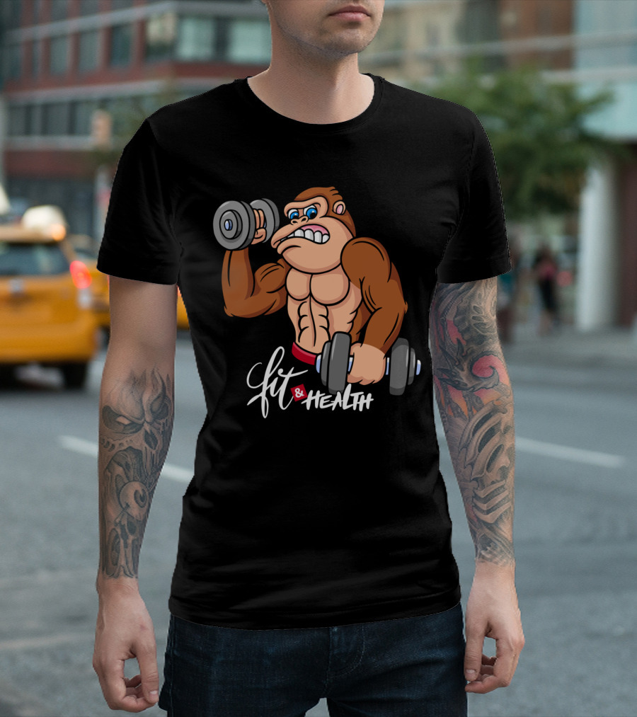 Fit And Health Gorilla Fitness Cartoon Dumbbells T-Shirt