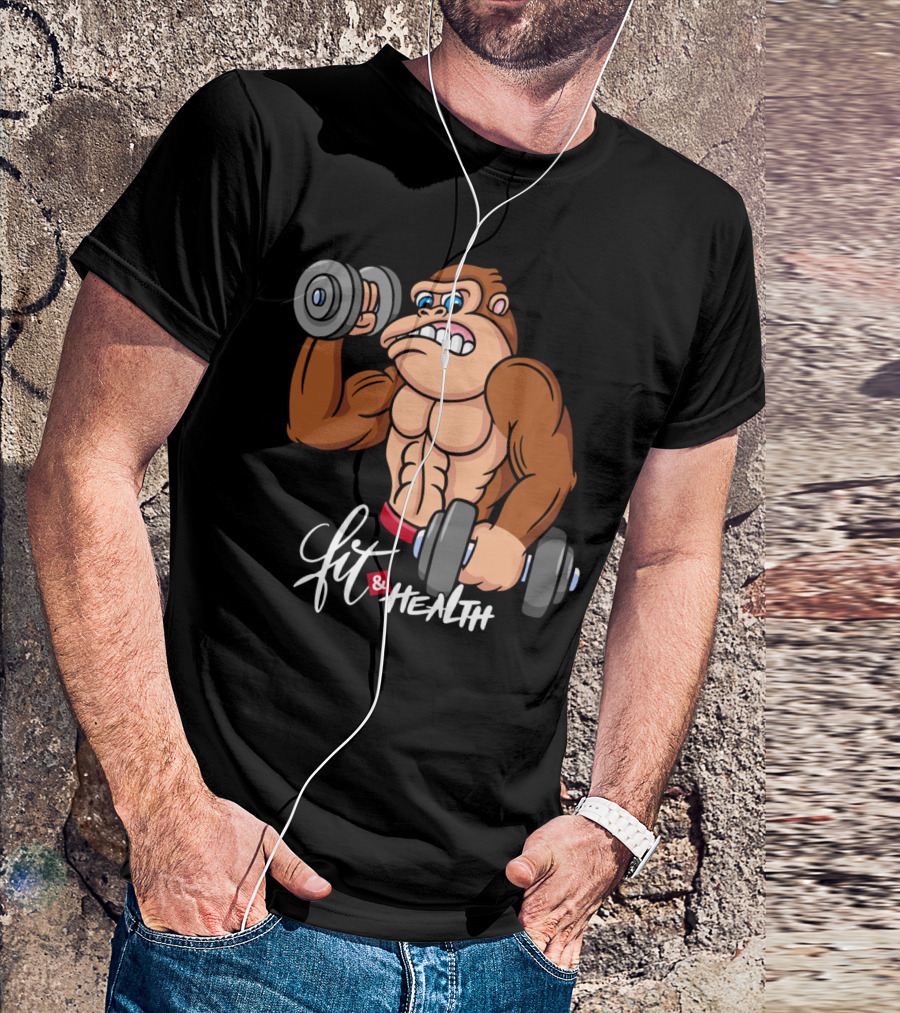 Fit And Health Gorilla Fitness Cartoon Dumbbells T-Shirt