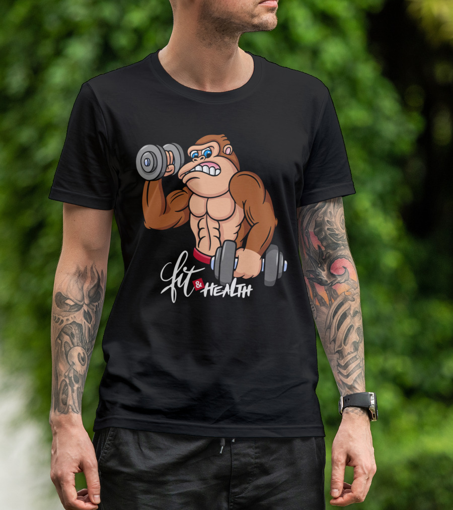 Fit And Health Gorilla Fitness Cartoon Dumbbells T-Shirt