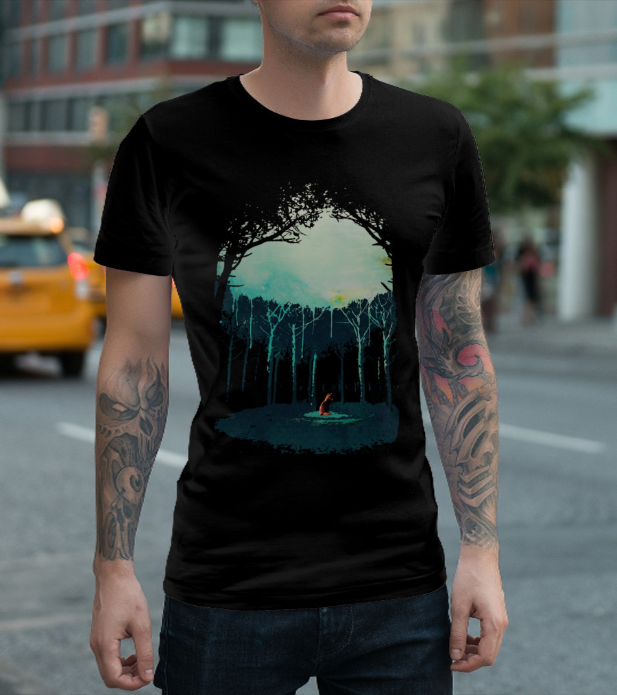 Deep in the Forest: Solitary Fox Amongst Twilight Trees T-Shirt