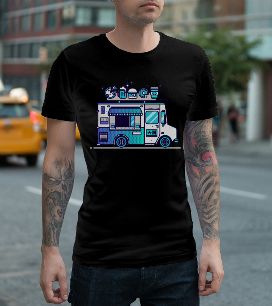 Heaven Food Truck With Pizza Burger Sushi Donuts Coffee Icons T-Shirt