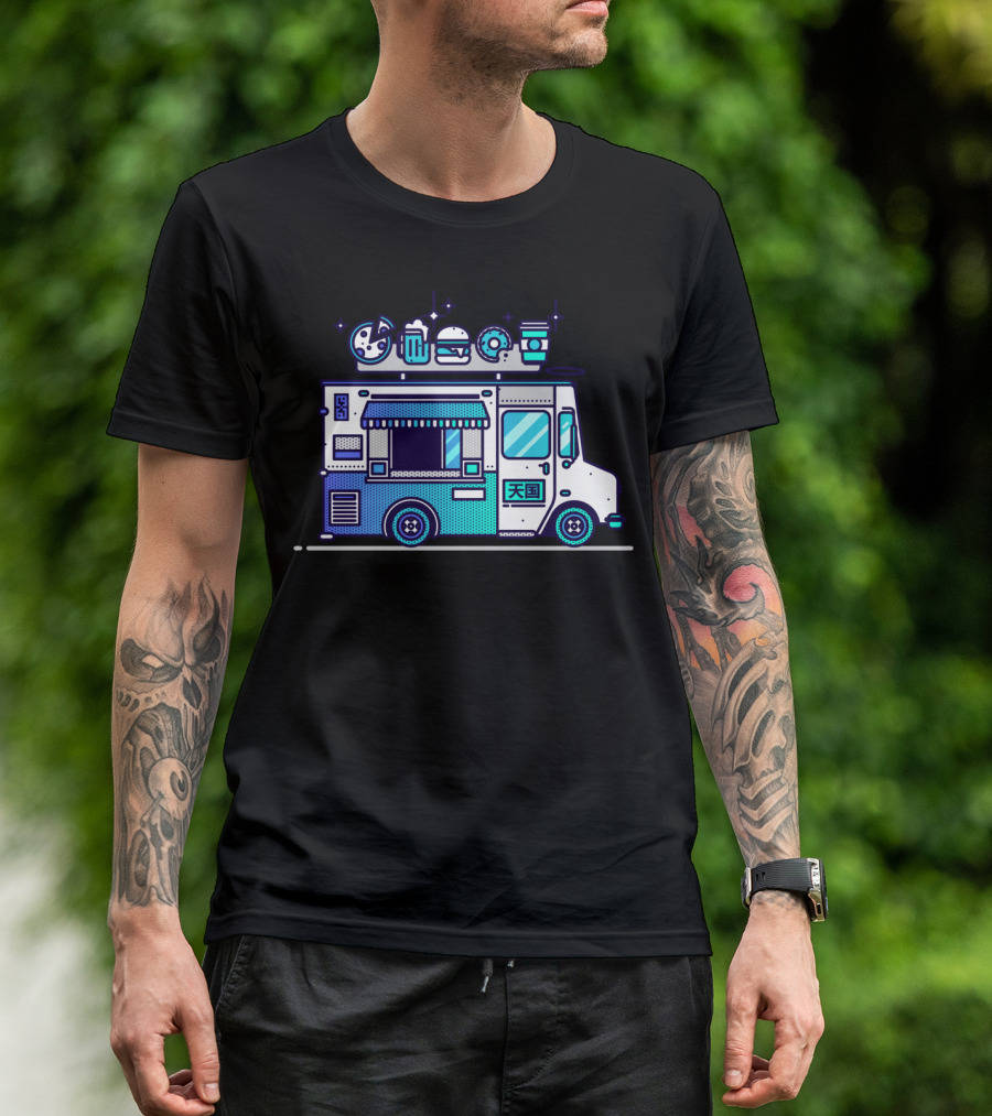 Heaven Food Truck With Pizza Burger Sushi Donuts Coffee Icons T-Shirt
