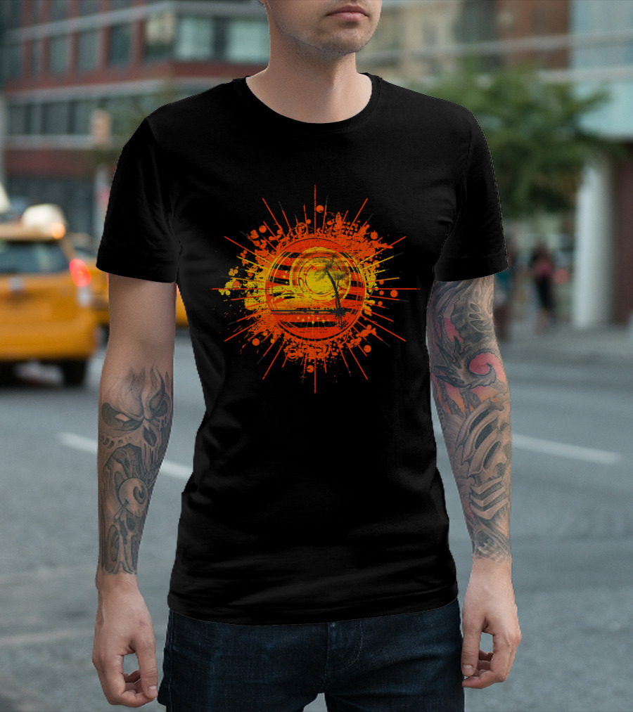 Summer Sunset Palm Trees Birds Flying in Orange and Yellow Burst T-Shirt