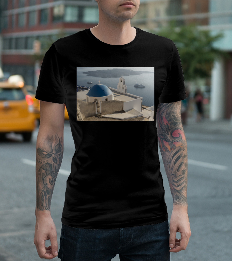 Blue Church Dome And Cruise Ship View Santorini T-Shirt