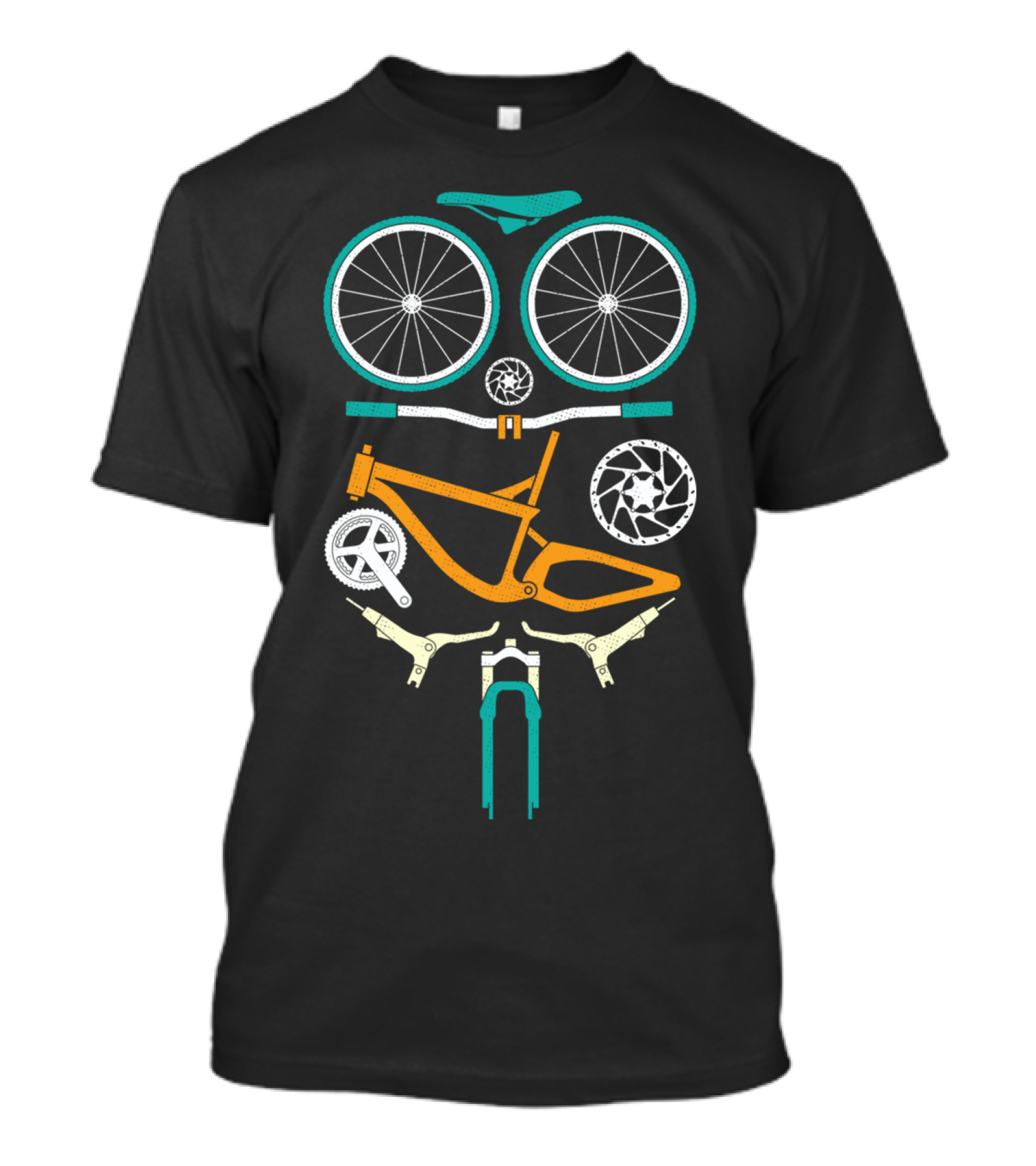 Deconstructed Bicycle Parts Arrangement In Green And Orange Colors T-Shirt