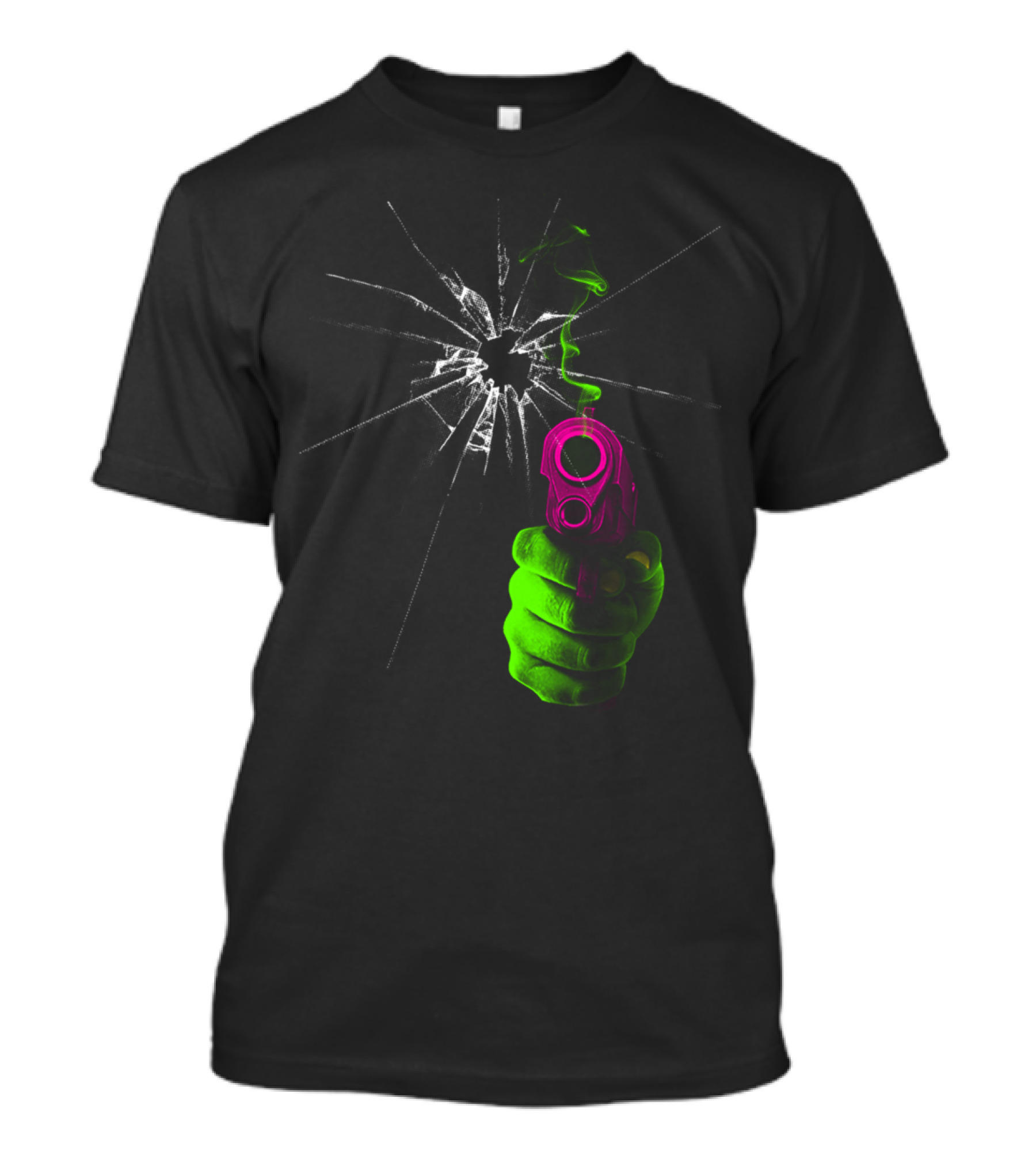 Bang Gun Hand With Bullet Hole And Green Purple Colors T-Shirt
