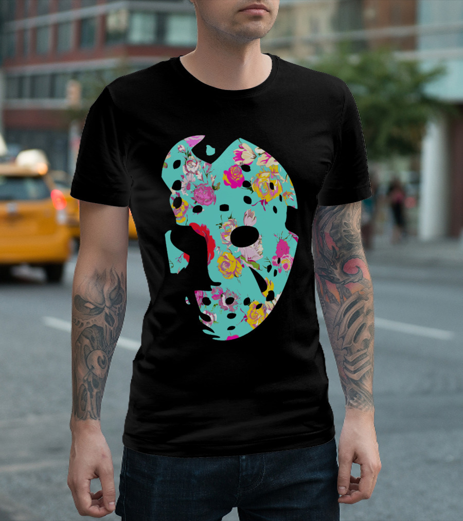 Floral Hockey Mask Turquoise Pink Roses T-Shirt
