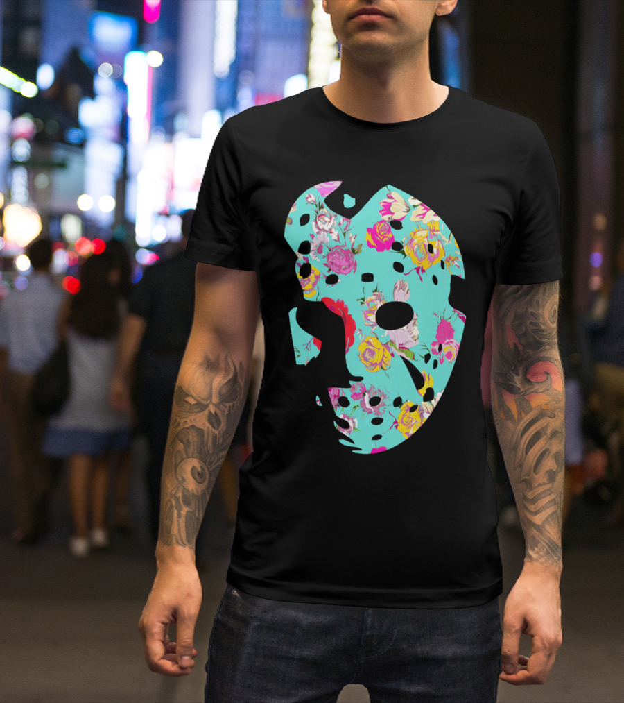 Floral Hockey Mask Turquoise Pink Roses T-Shirt