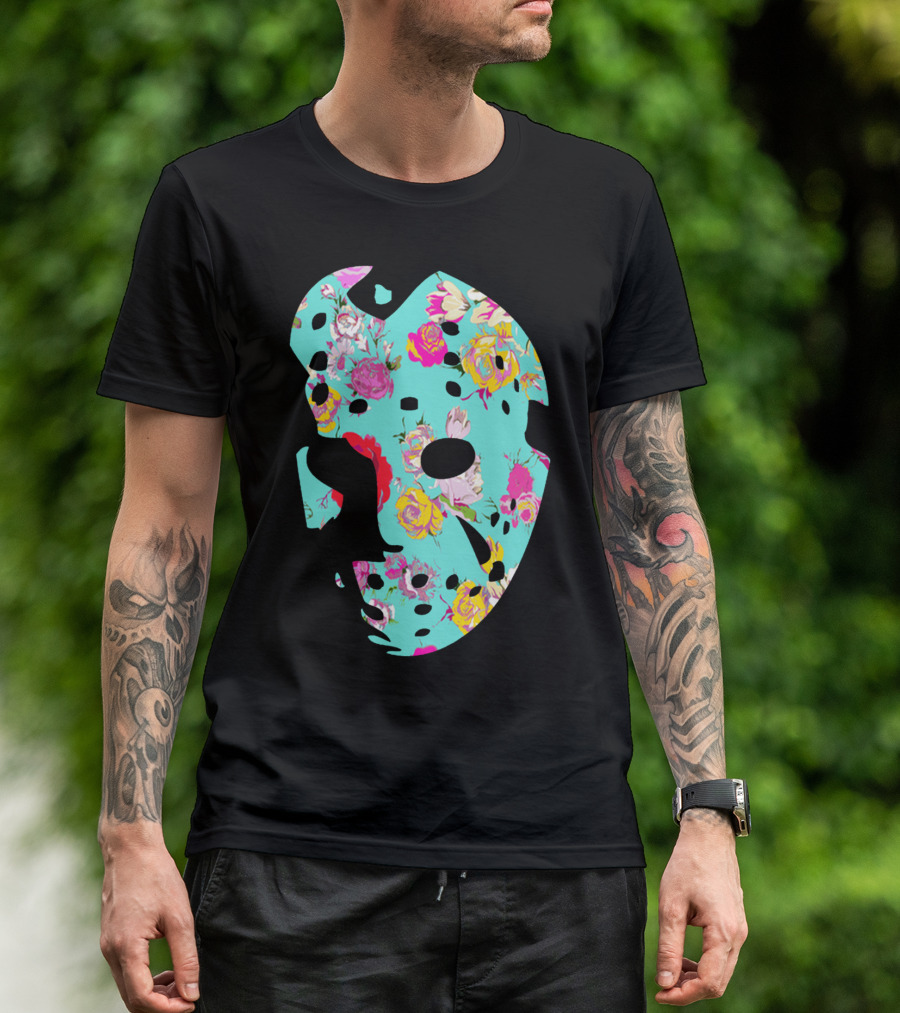 Floral Hockey Mask Turquoise Pink Roses T-Shirt